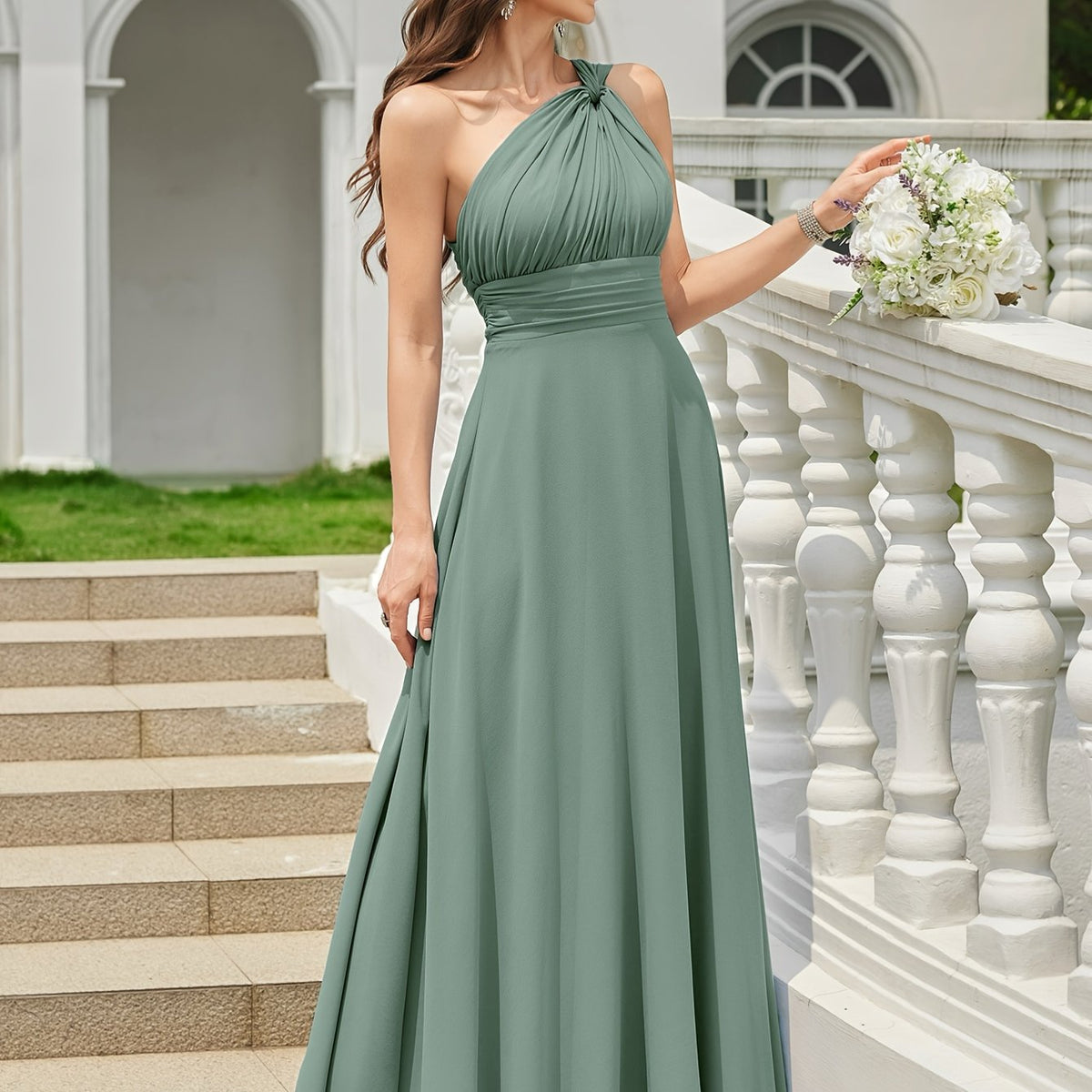 Maxikleid für Brautjungfern aus gerafftem Chiffon mit einem Schulterriemen