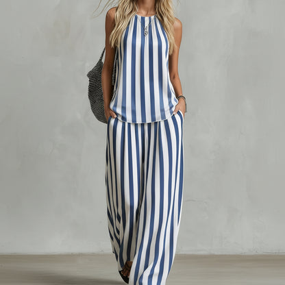 Striped Linen Sleeveless Pants Set