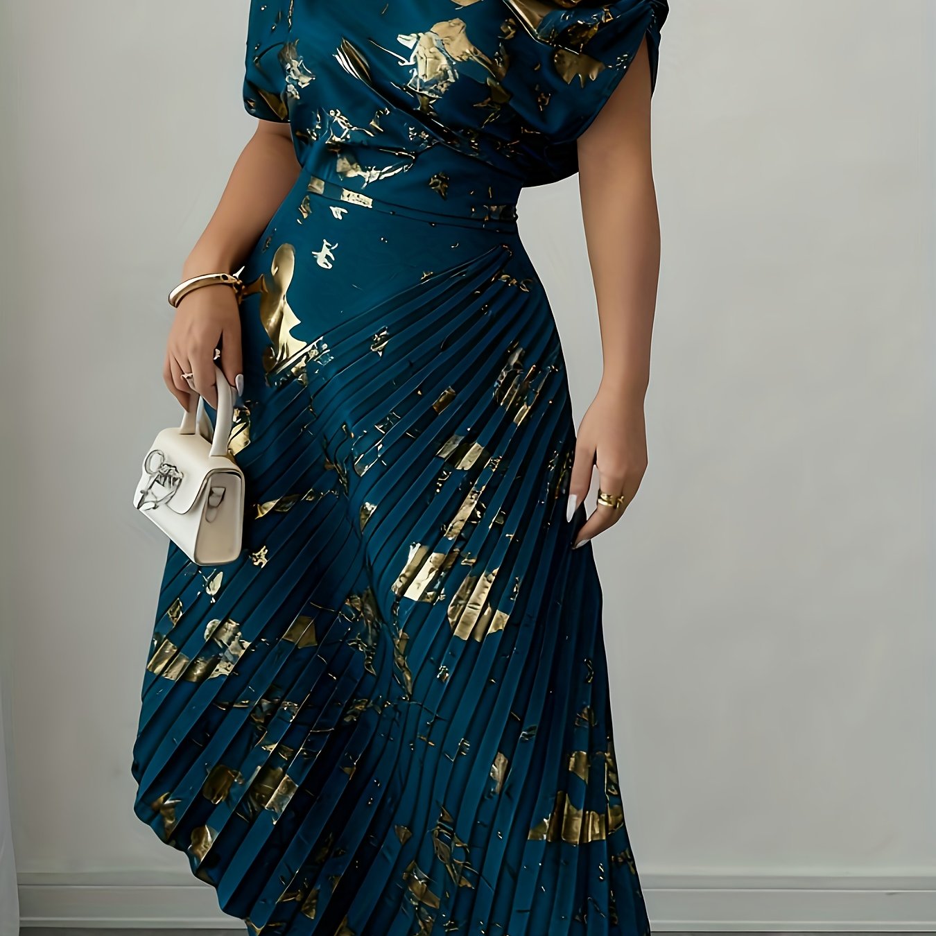 symmetrical Foil Pleated Midi Dress