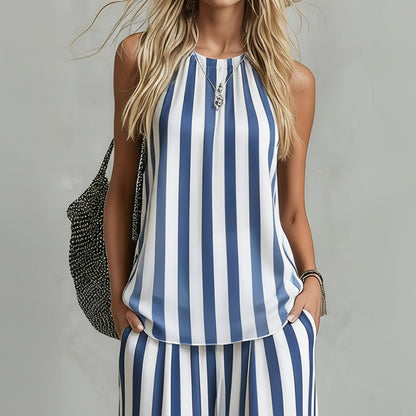 Striped Linen Sleeveless Pants Set